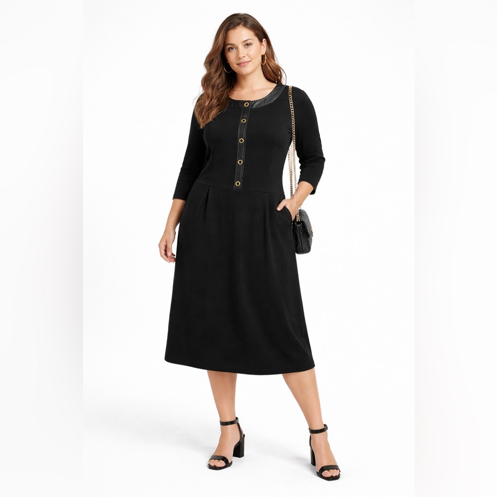 NWT Talbots Black Ponte Dress Faux Leather Trim Grommet Midi Sz 18